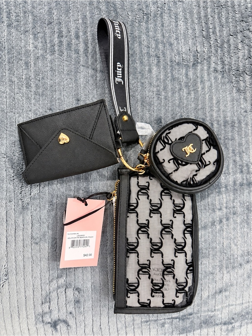 Juicy Couture Black & Gray Logo Wristlet Set with Gold Accents